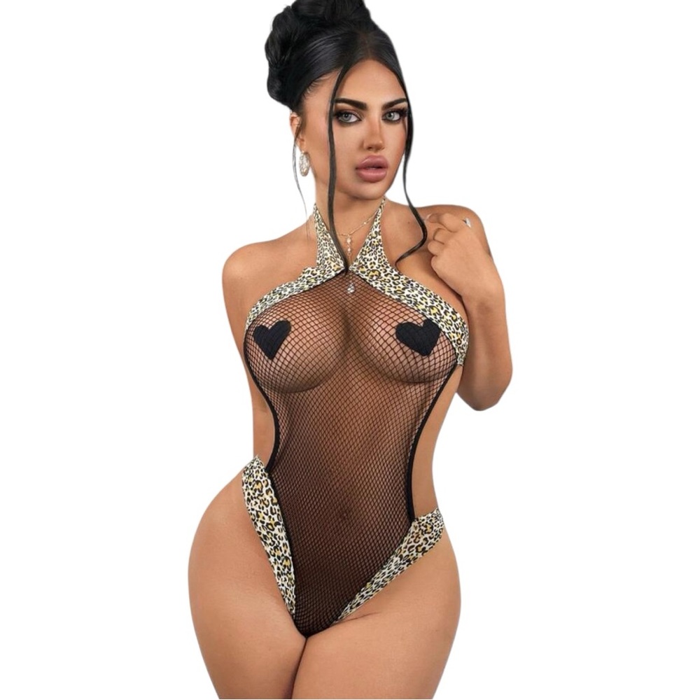 Women Black Halter High Stretch Leopard Pattern Neck Bodysuit